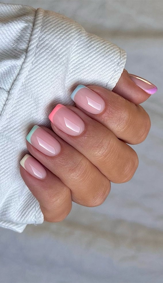 Short Square Pastel Multi-Colored French Tips — Simple Colored French Tip Nails