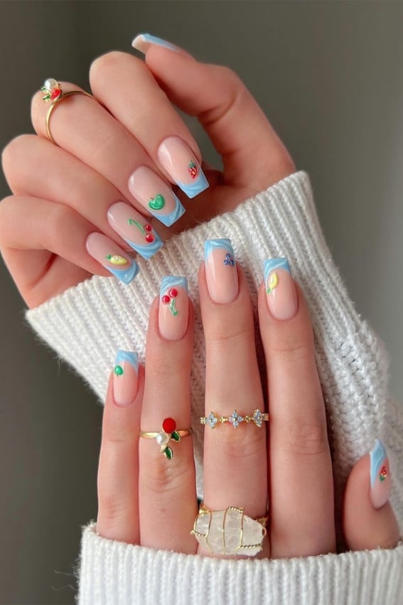Short Square Pastel Blue Outline Fruit French — Simple Colored French Tip Nails