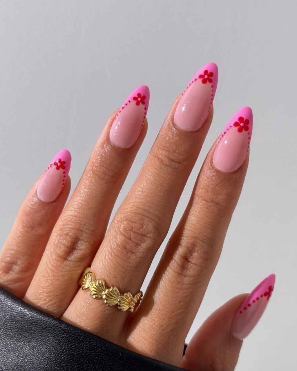 Medium Almond Red Floral French Tips — Simple Colored French Tip Nails