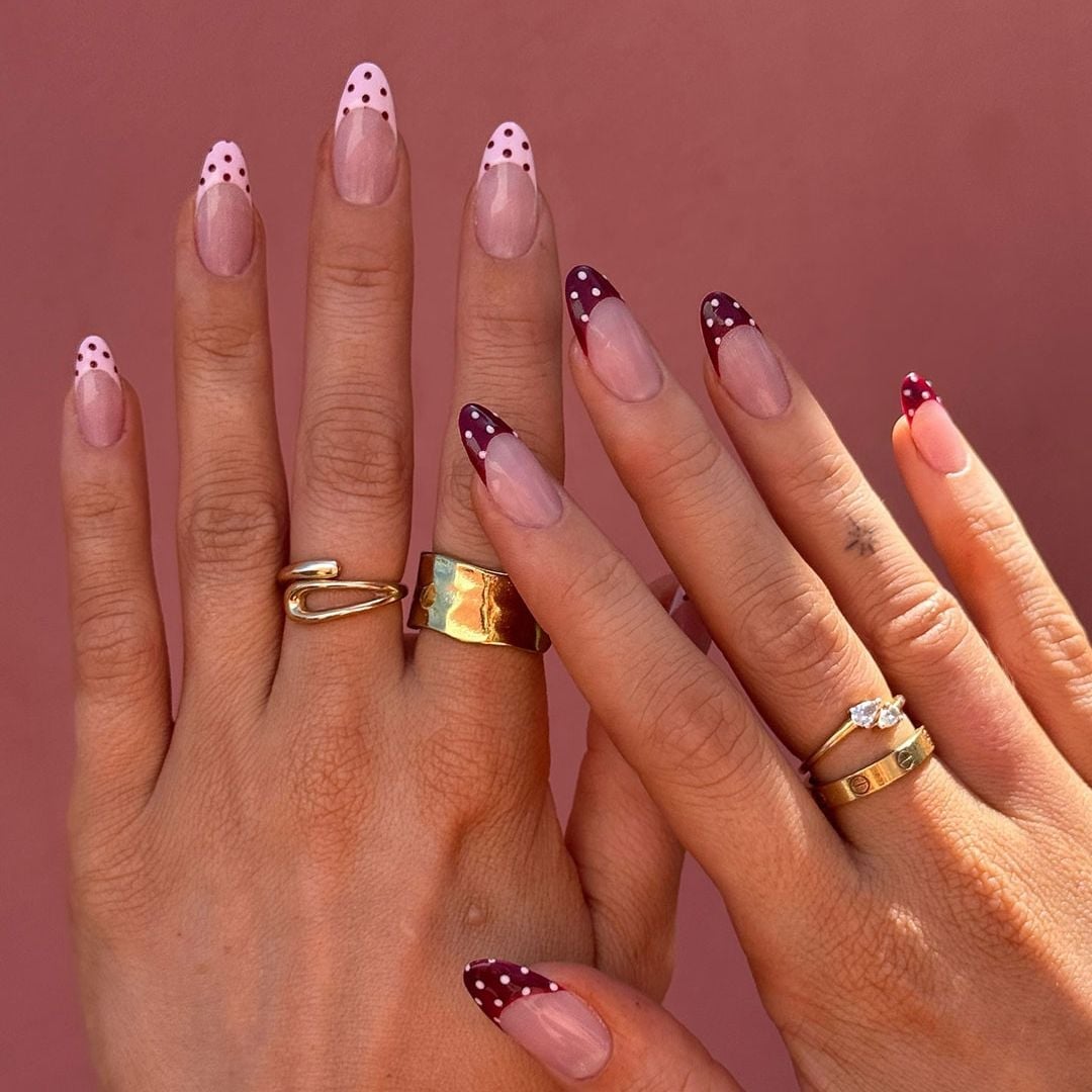 Medium Almond Burgundy Polka Dot French Tips — Simple Colored French Tip Nails