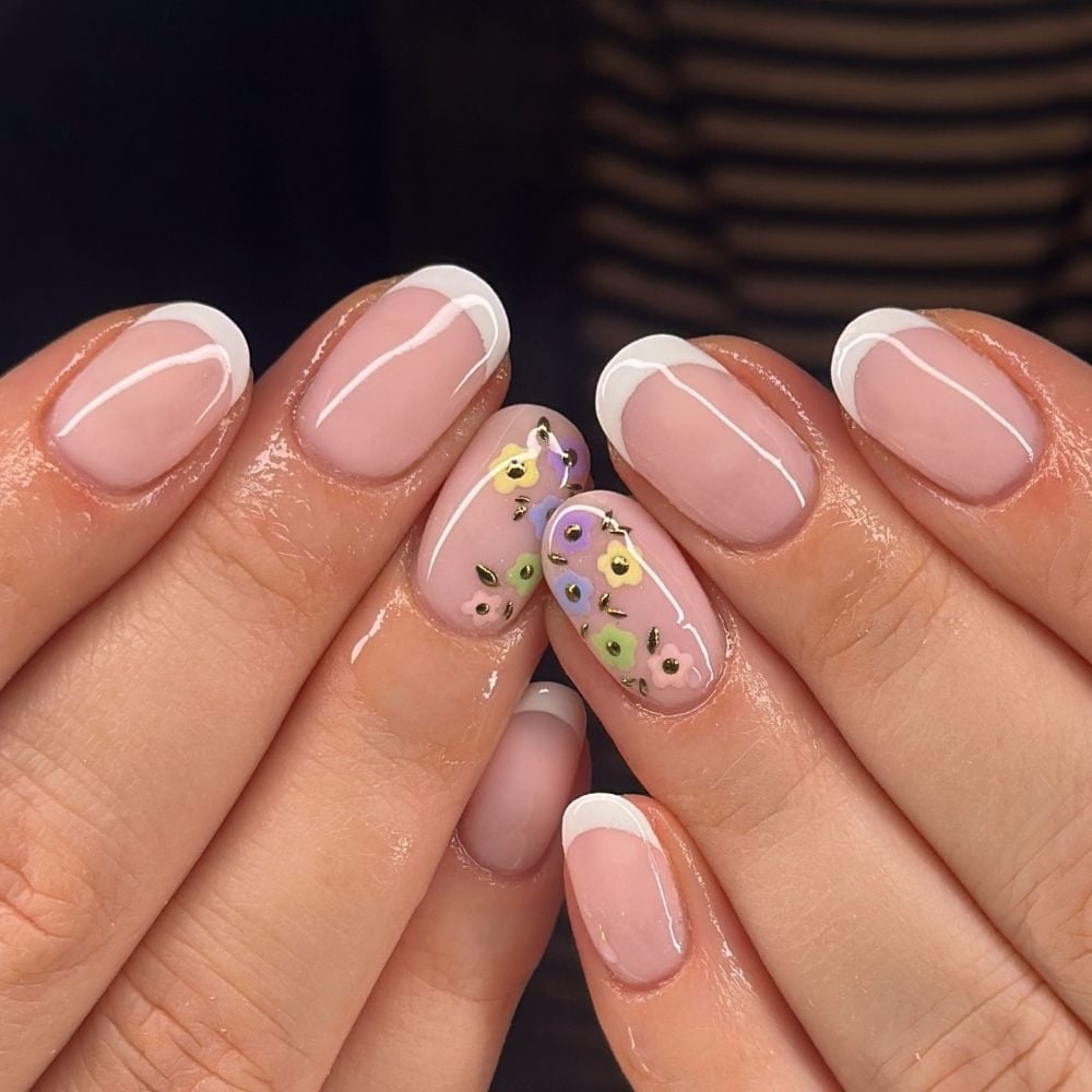 Medium Oval White French Floral 3D Art — Simple Colored French Tip Nails