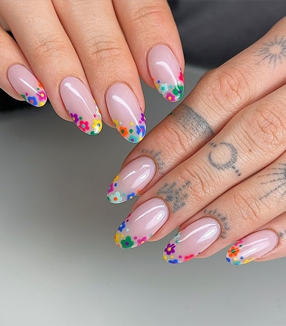 Medium Almond Multi-Color Floral French Tips — Simple Colored French Tip Nails