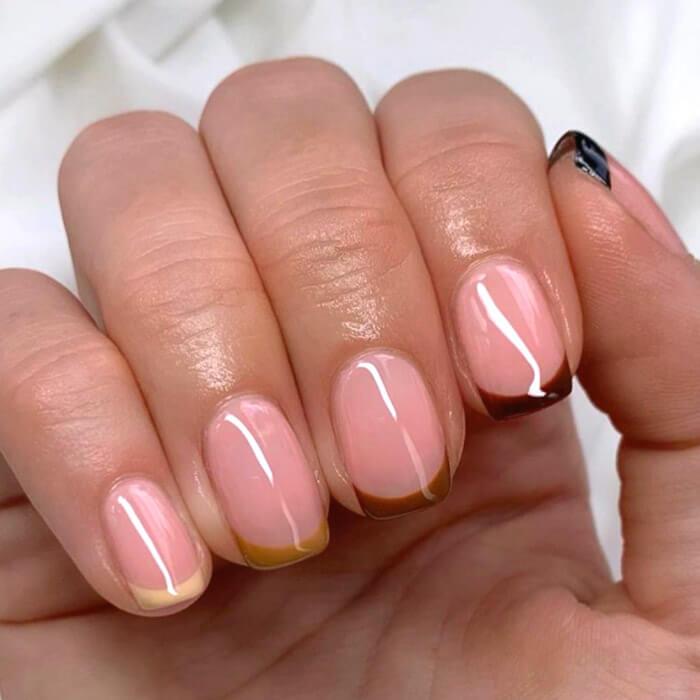 Short Oval Brown Yellow Two-Tone French — Simple Colored French Tip Nails