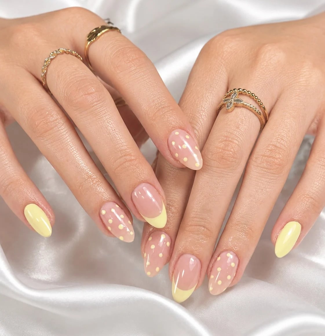 Short Oval Yellow Polka Dot French Tips — Simple Colored French Tip Nails