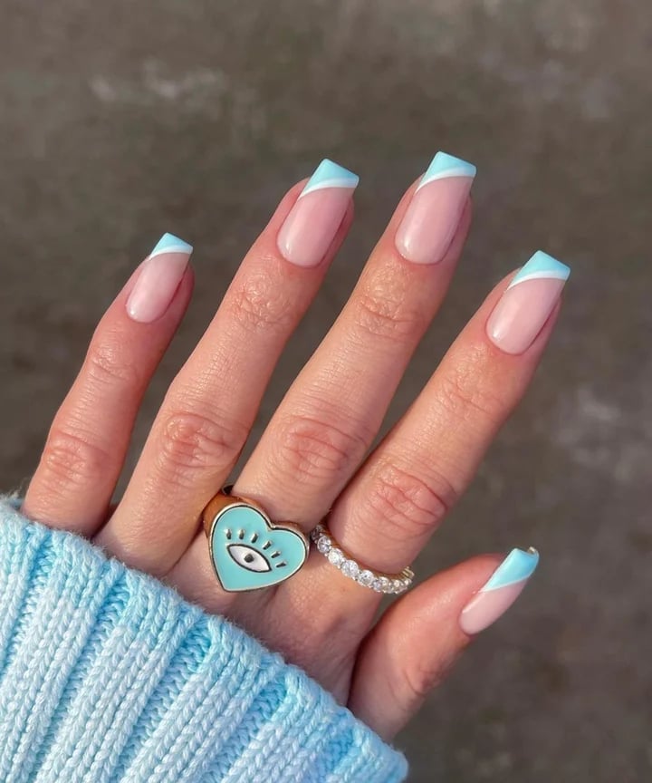 Medium Square Light Blue French Tips — Simple Colored French Tip Nails