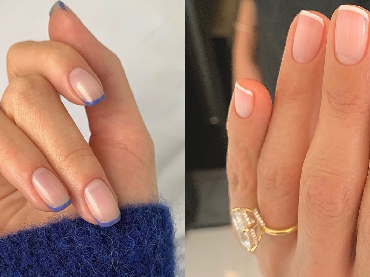 Short Square Thin Blue French Line, квадратные — Simple Colored French Tip Nails