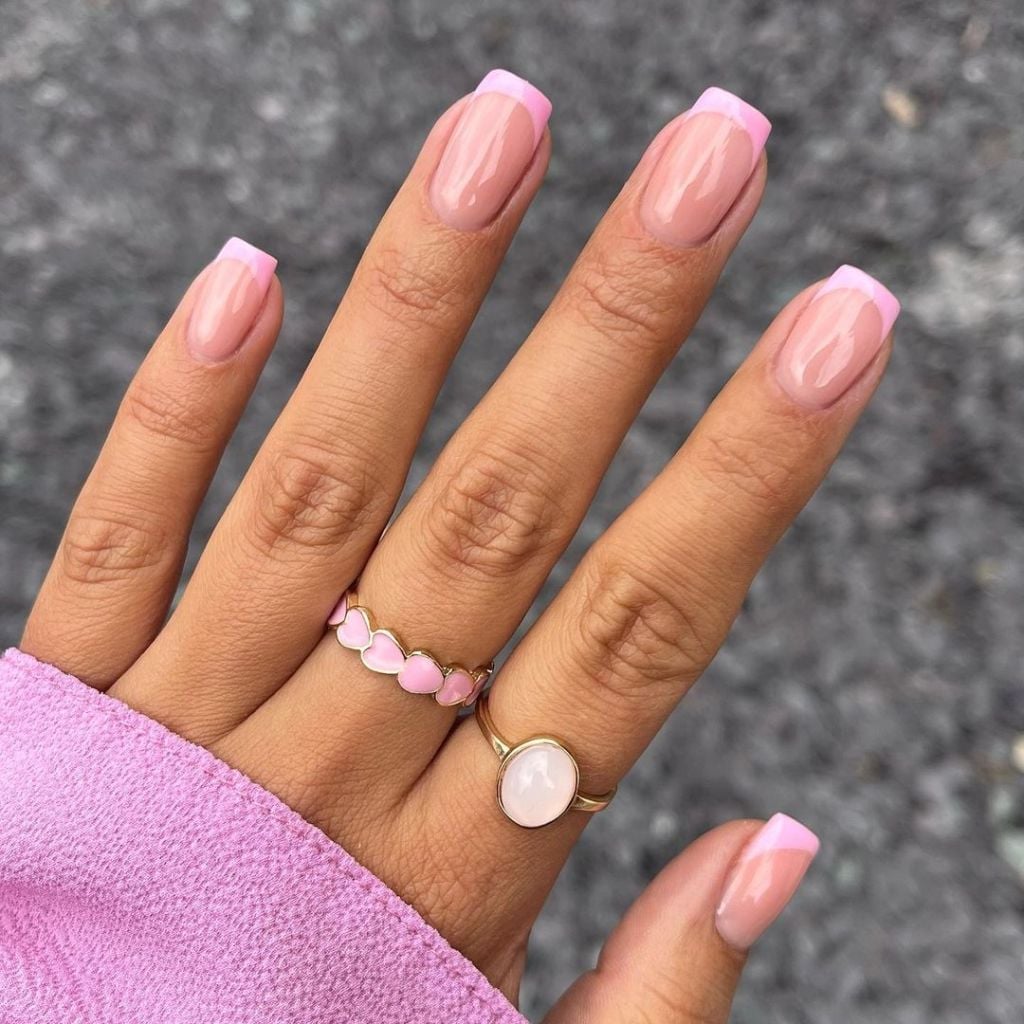 Short Square Vibrant Pink French Tips — Simple Colored French Tip Nails