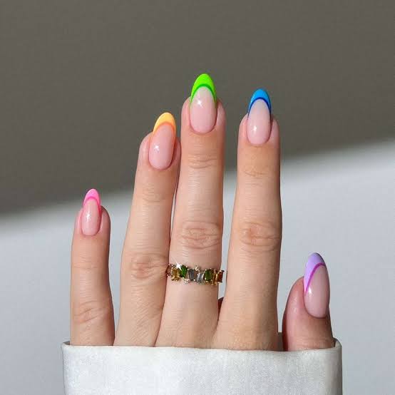 Short Almond Neon Color French Tips, Glossy — Simple Colored French Tip Nails