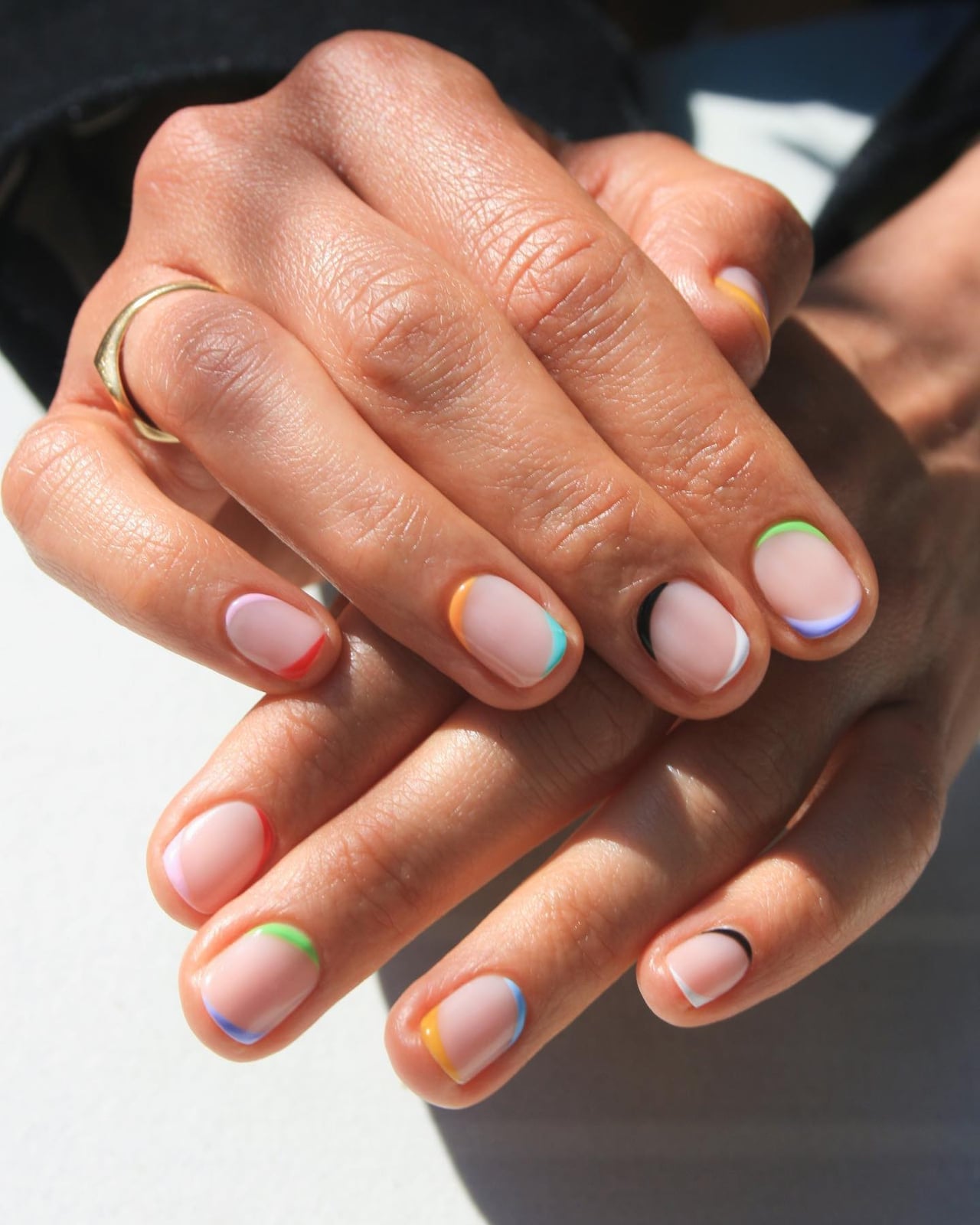 Short Almond Multi-Colored Thin French Tips — Simple Colored French Tip Nails