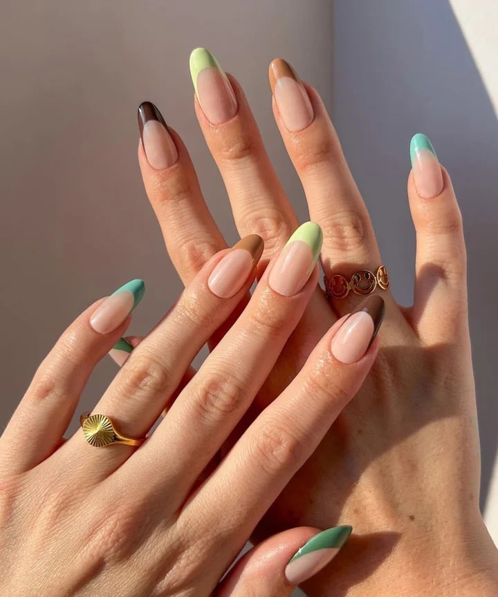 Medium Almond Light Blue Swirl French Tips — Simple Colored French Tip Nails