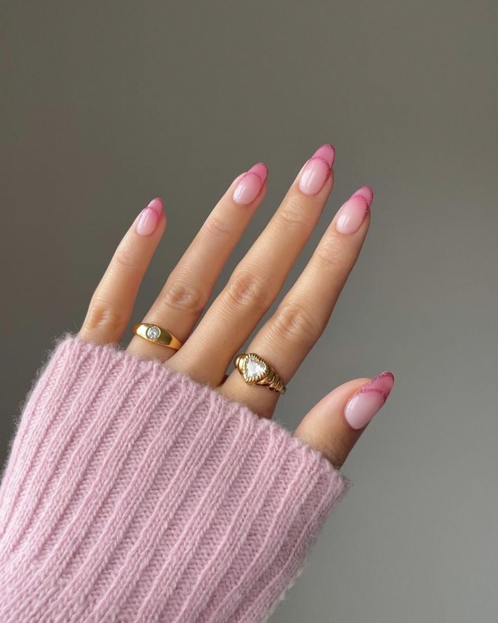 Long Almond Glitter Pink French Tips — Simple Colored French Tip Nails