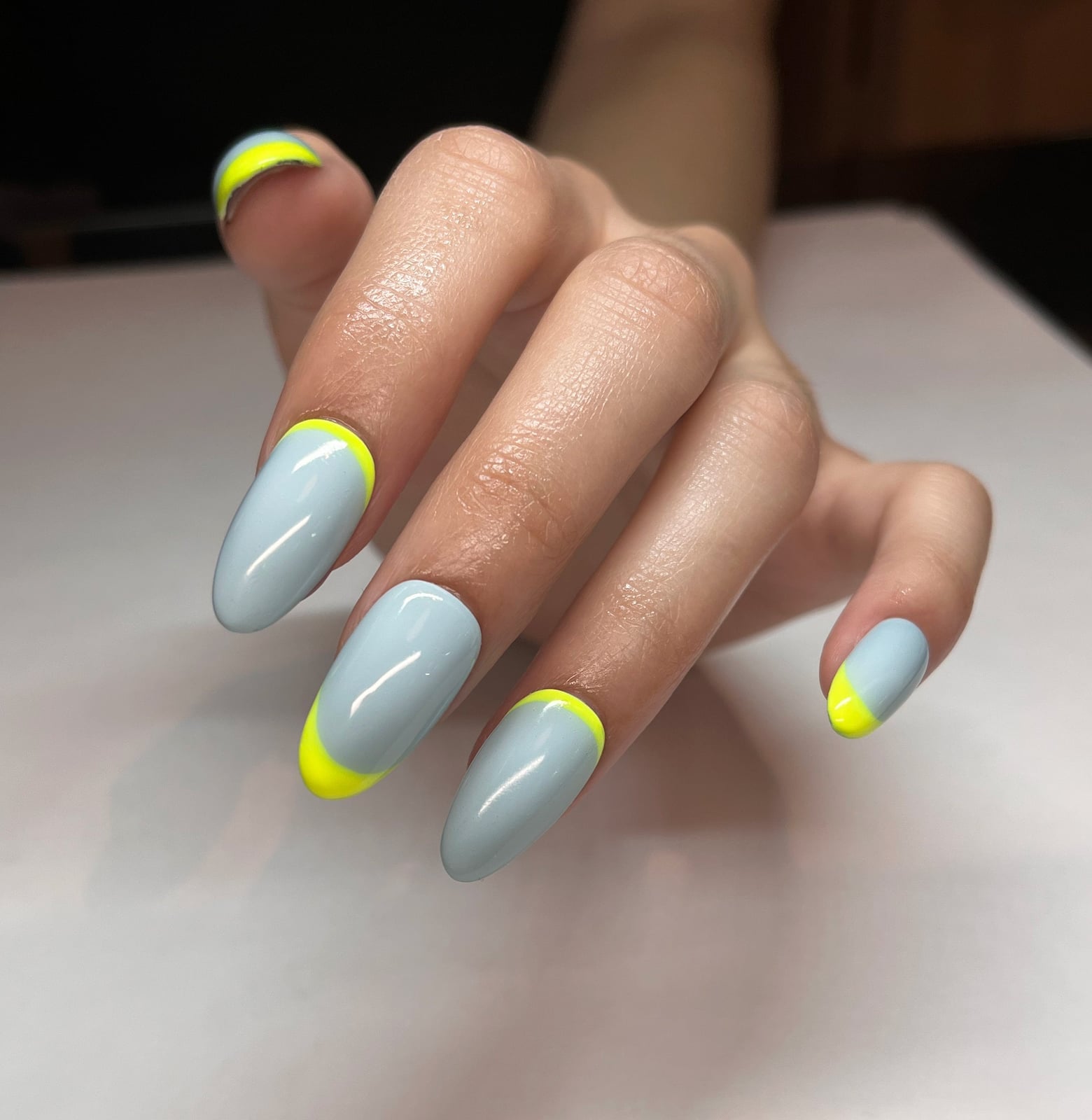 Long Oval Neon Yellow French Tip — Simple Colored French Tip Nails