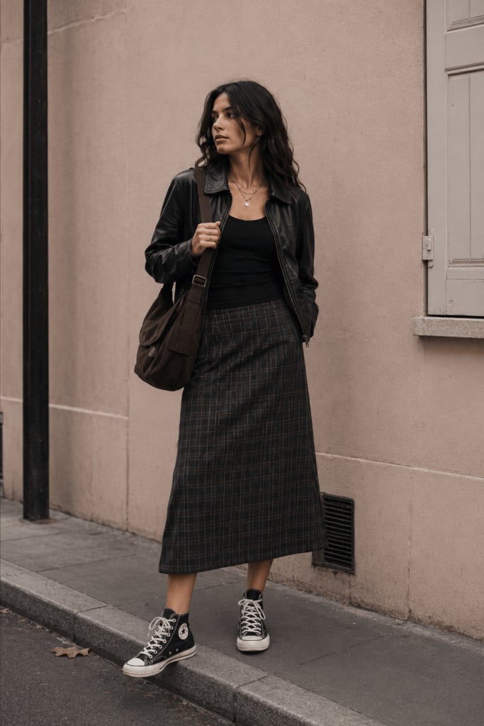 Leather Jacket Plaid Skirt and High-Top Converse Leather Jacket Plaid Skirt and High-Top Converse — Simple Converse Outfits Black