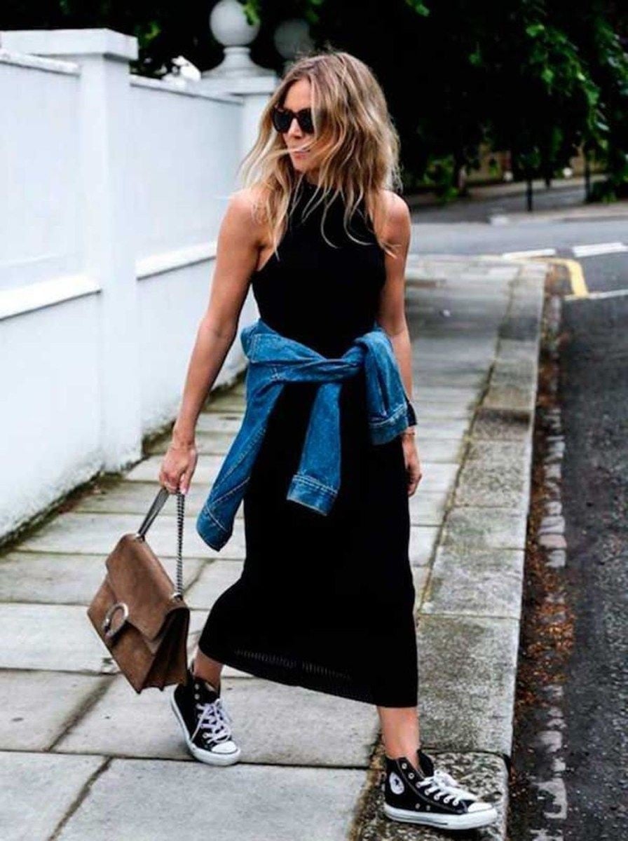 Maxi Dress with Tied Denim Jacket and Converse Maxi Dress with Tied Denim Jacket and Converse — Simple Converse Outfits Black