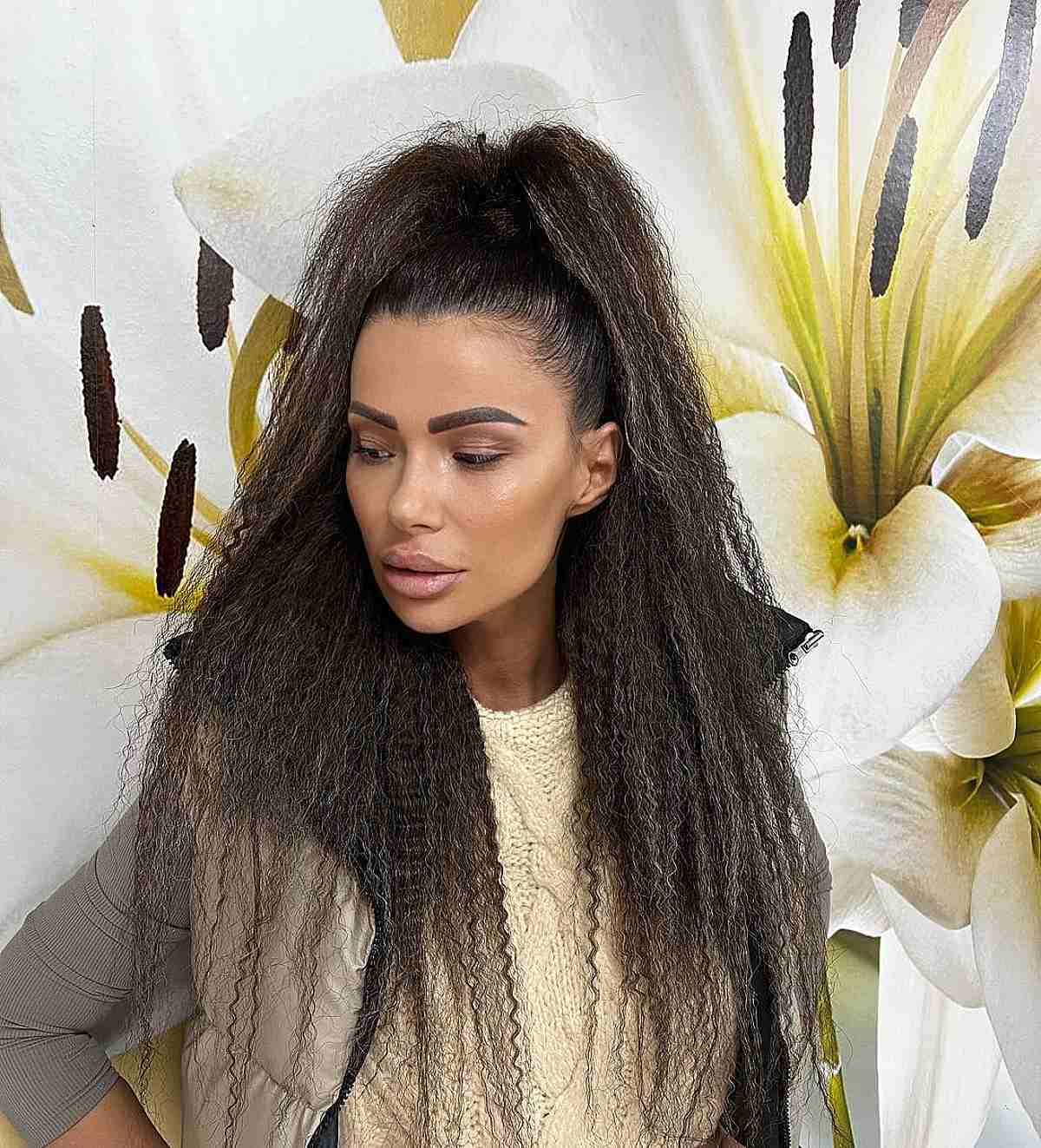 Long Dark Brown High Ponytail With Dramatic Crimp — Simple Crimped Hairstyles