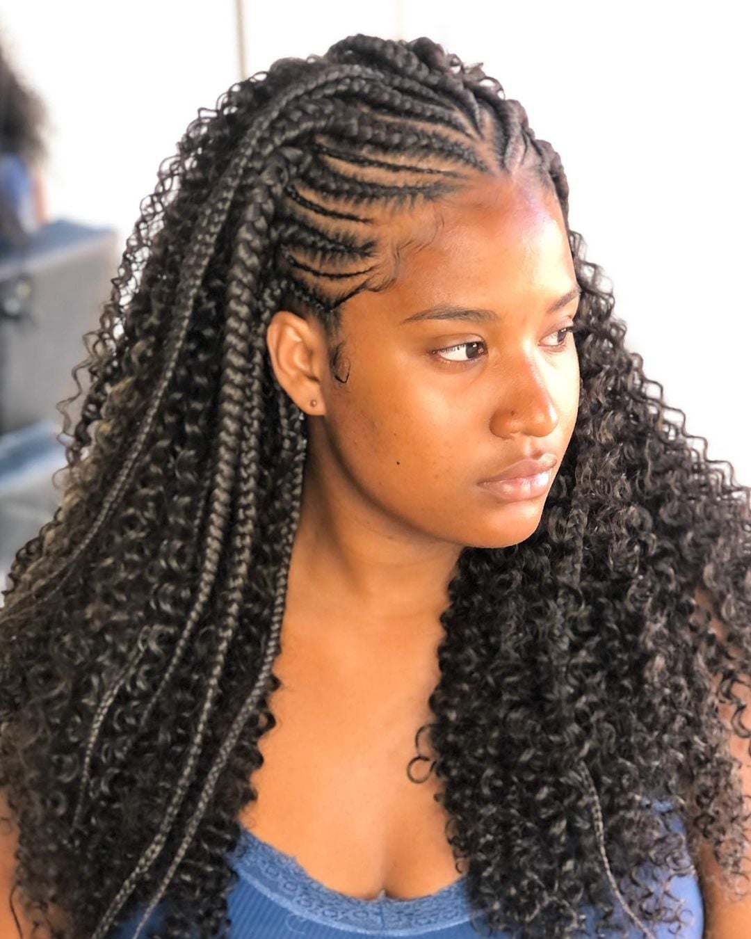 Black Braids With Gray Highlights And Loose Curls — Simple Curls Braids