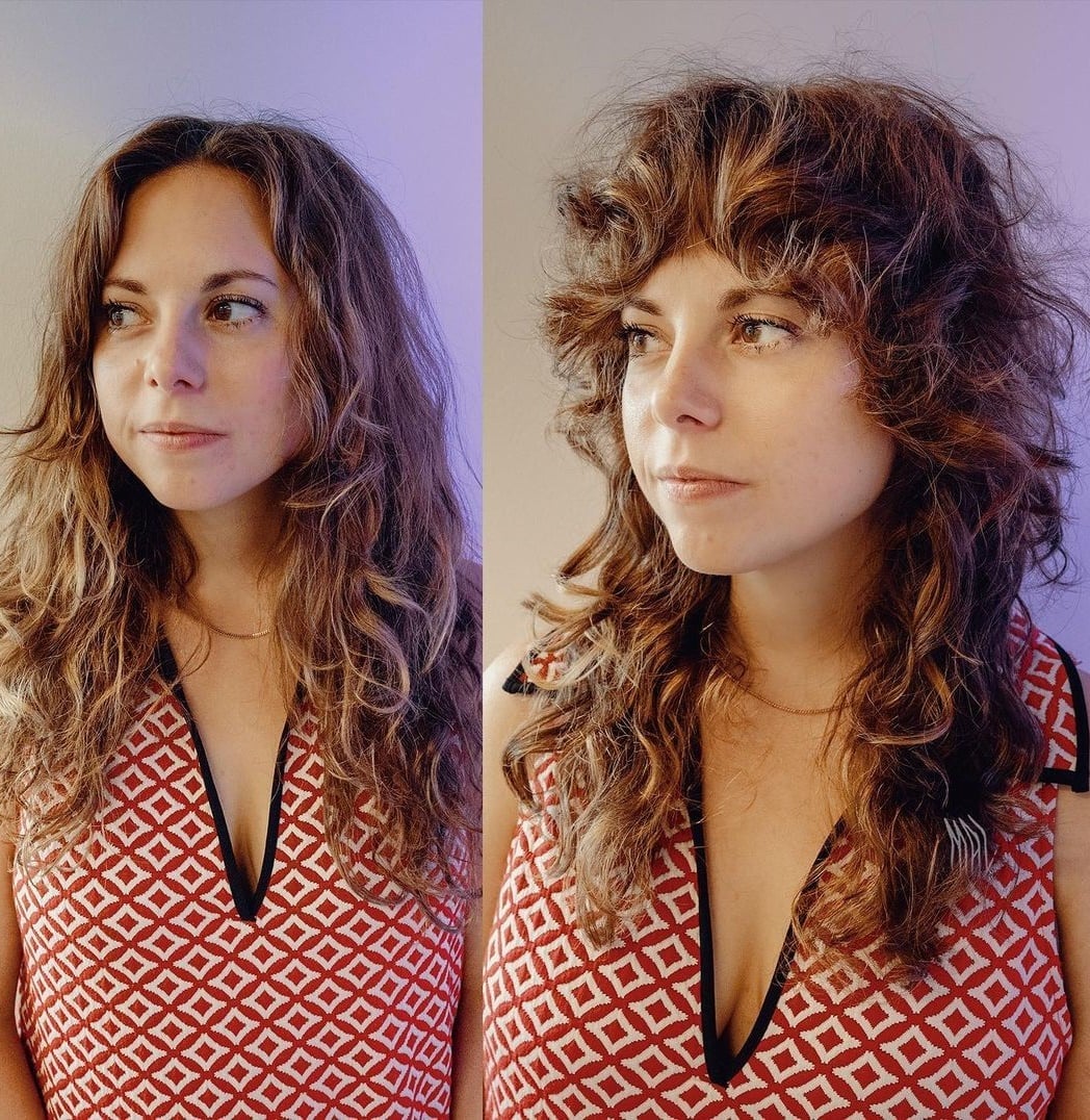 Shoulder Length Wolf Cut With Honey Highlights, Air Dried — Simple Curly Wolf Cut