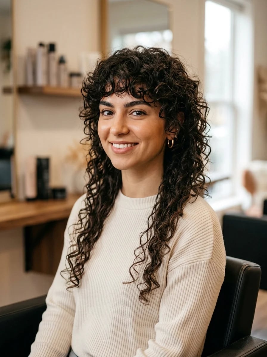 Shoulder Length Curly Wolf Cut With Defined Bangs — Simple Curly Wolf Cut
