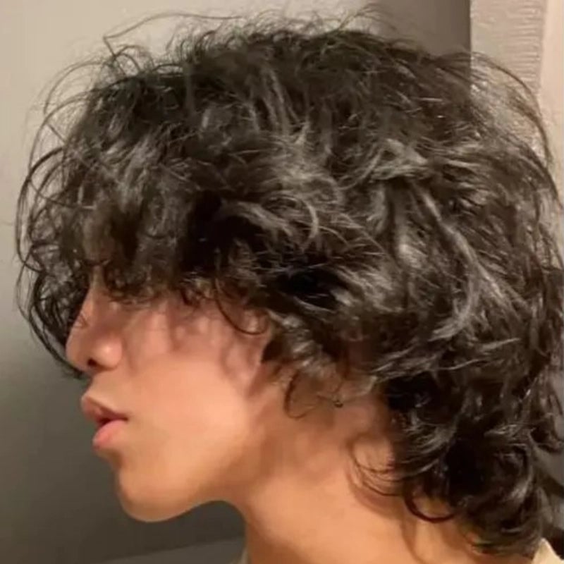 Collarbone Curly Wolf Cut With Curtain Bangs, Dark Brown — Simple Curly Wolf Cut
