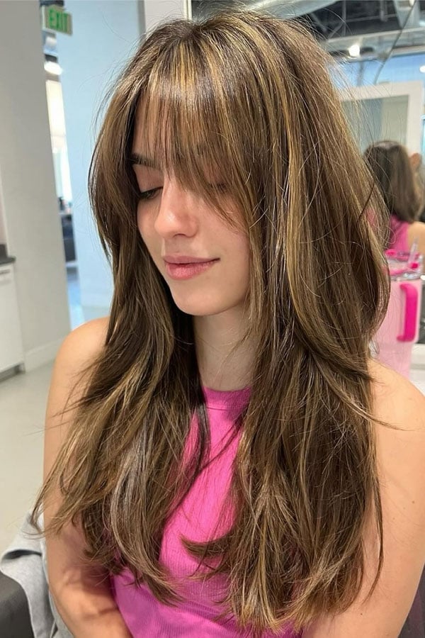 Collarbone Brown With Highlights And Face-Framing Layers Collarbone Brown With Highlights And Face-Framing Layers — Simple Curtain Bangs