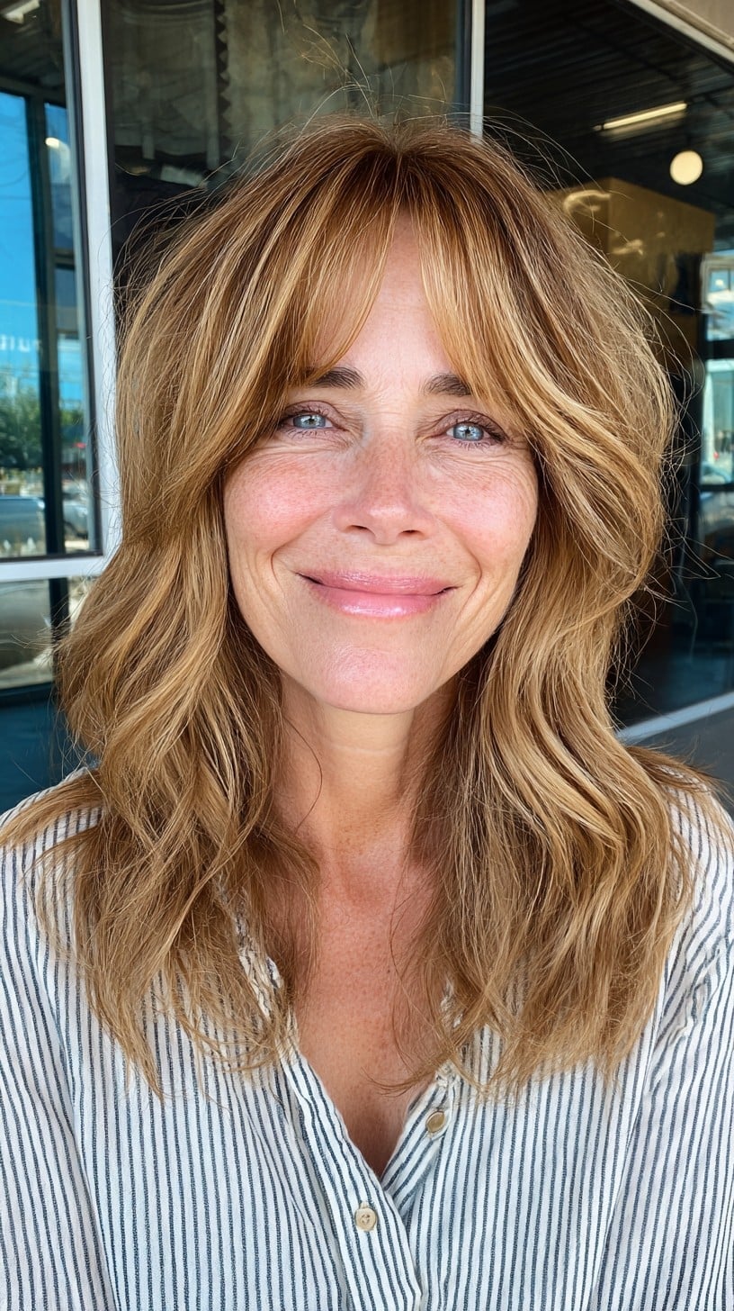 Collarbone Layers With Honey Balayage And Curtain Bangs Collarbone Layers With Honey Balayage And Curtain Bangs — Simple Curtain Bangs