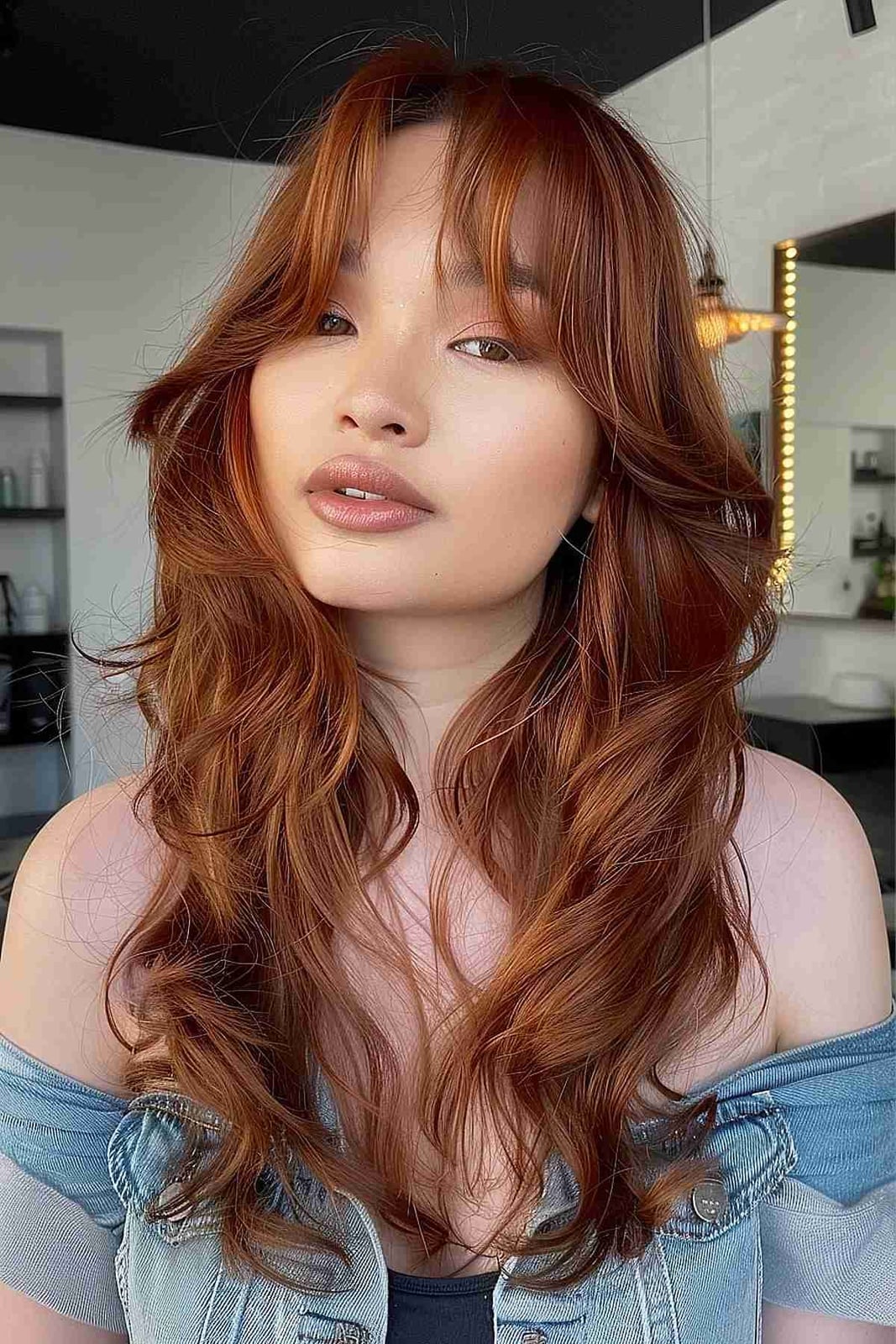 Mid-Back Copper Red With Blonde Highlights And Curtain Bangs Mid-Back Copper Red With Blonde Highlights And Curtain Bangs — Simple Curtain Bangs