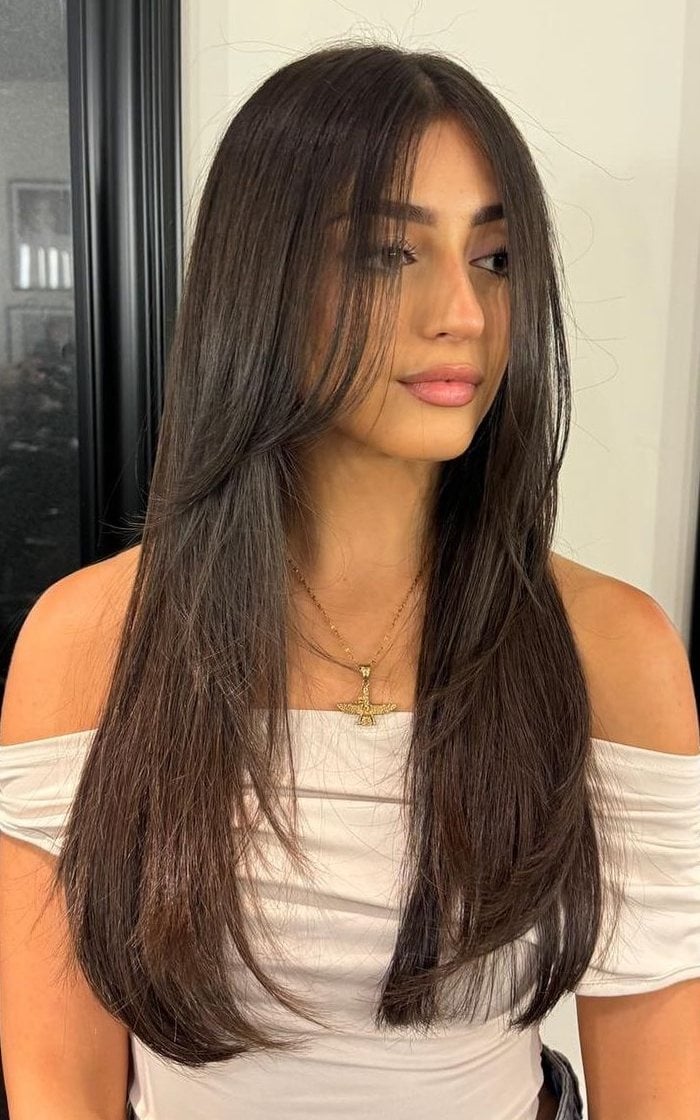 Thick Dark Brown With Sharp Layers And Bangs — Simple Curtain Bangs Long Hair