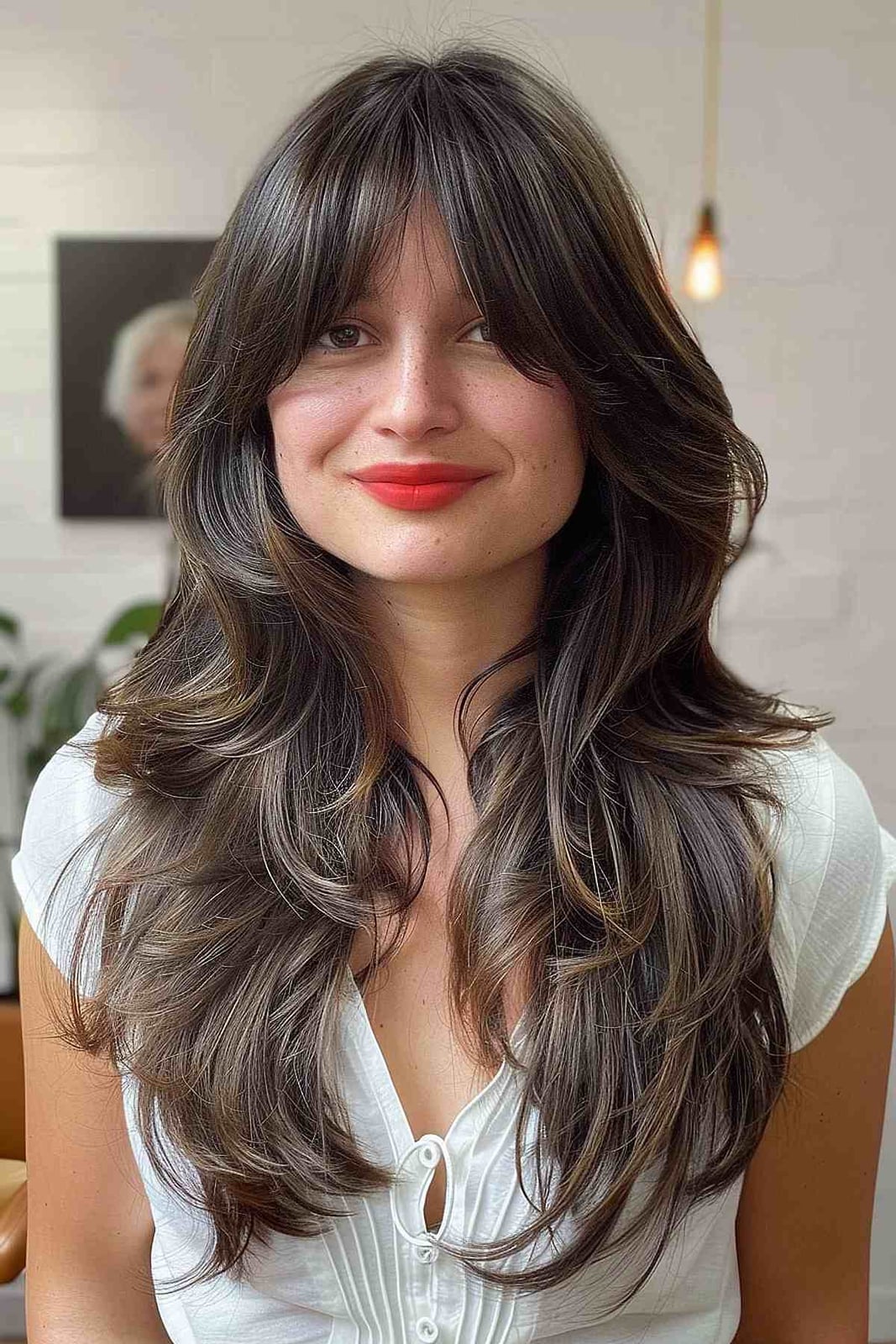 Thick Dark Brown Blowout With Gentle Waves — Simple Curtain Bangs Long Hair