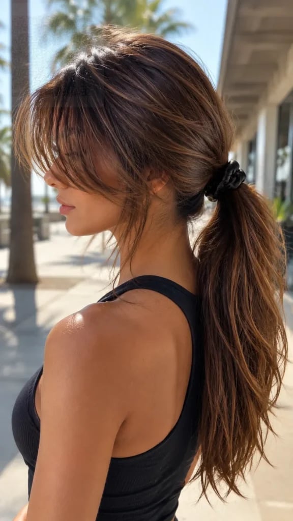 Wavy Brown Ponytail With Curtain Bangs — Simple Curtain Bangs Long Hair