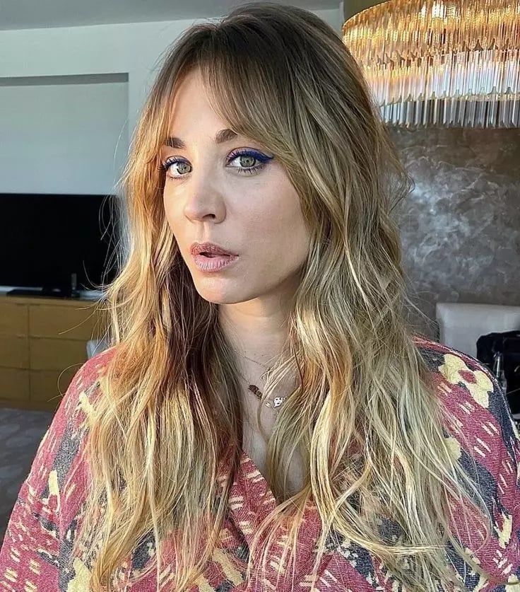 Thick Honey Blonde With Balayage Curtain Bangs, Mid-Back — Simple Curtain Bangs Long Hair
