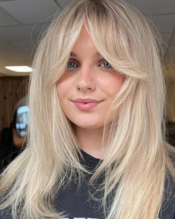 Thick Ash Blonde Waves With Chic Curtain Bangs, Mid-Back — Simple Curtain Bangs Long Hair