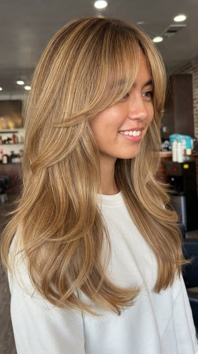 Blonde Highlights With Wavy Curtain Bangs — Simple Curtain Bangs Long Hair