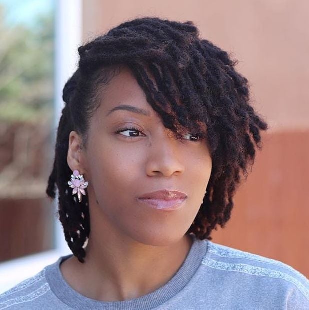 Chin Length Coily Locs with Side-Swept Bangs Chin Length Coily Locs with Side-Swept Bangs — Simple Down Locs