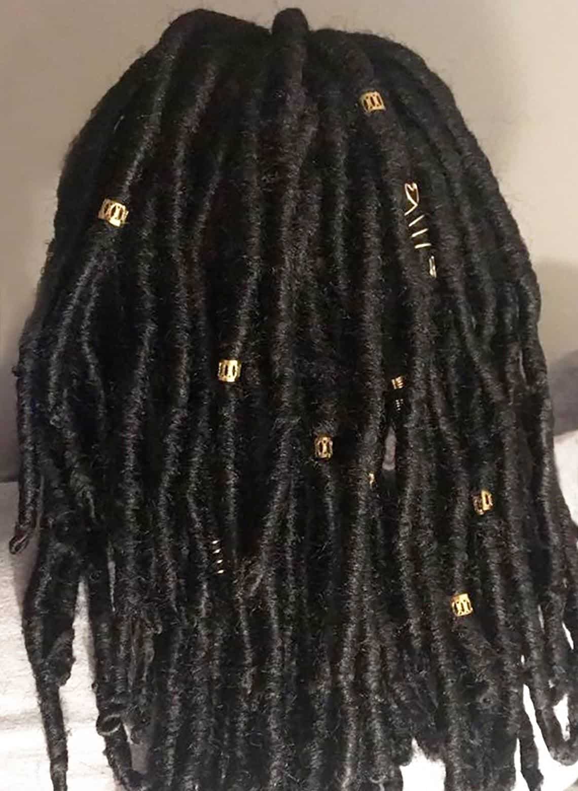 Mid-Back Locs with Gold Beads Mid-Back Locs with Gold Beads — Simple Down Locs
