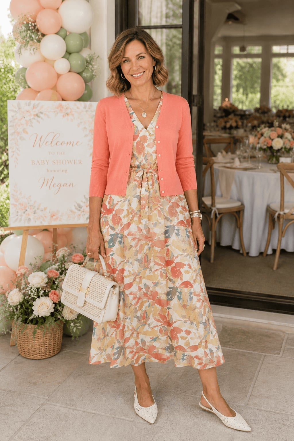 Floral print A-line midi dress with coral cardigan — Simple Dresses for Moms