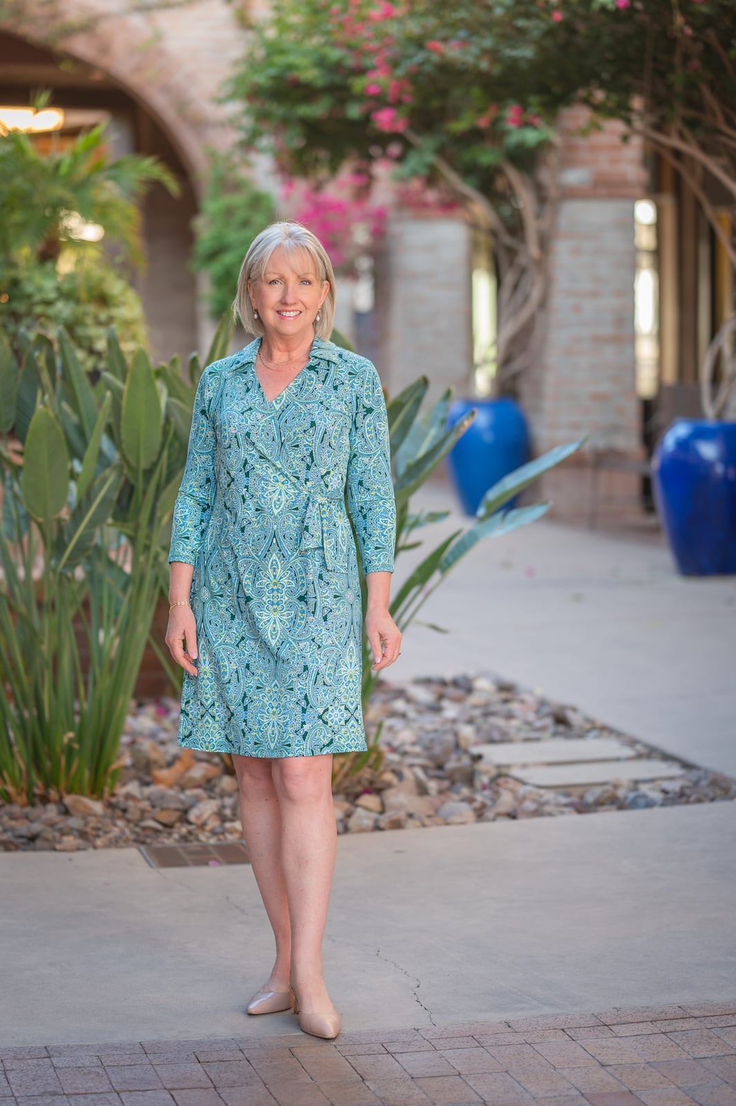 Teal paisley print A-line midi dress — Simple Dresses for Moms