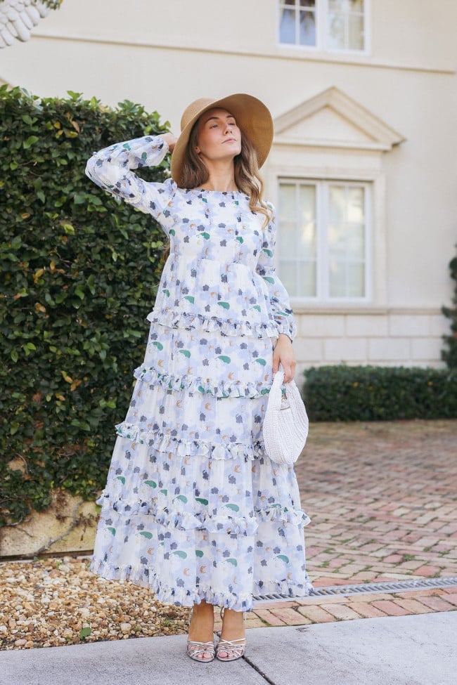 White blue green floral print tiered maxi dress — Simple Dresses for Moms