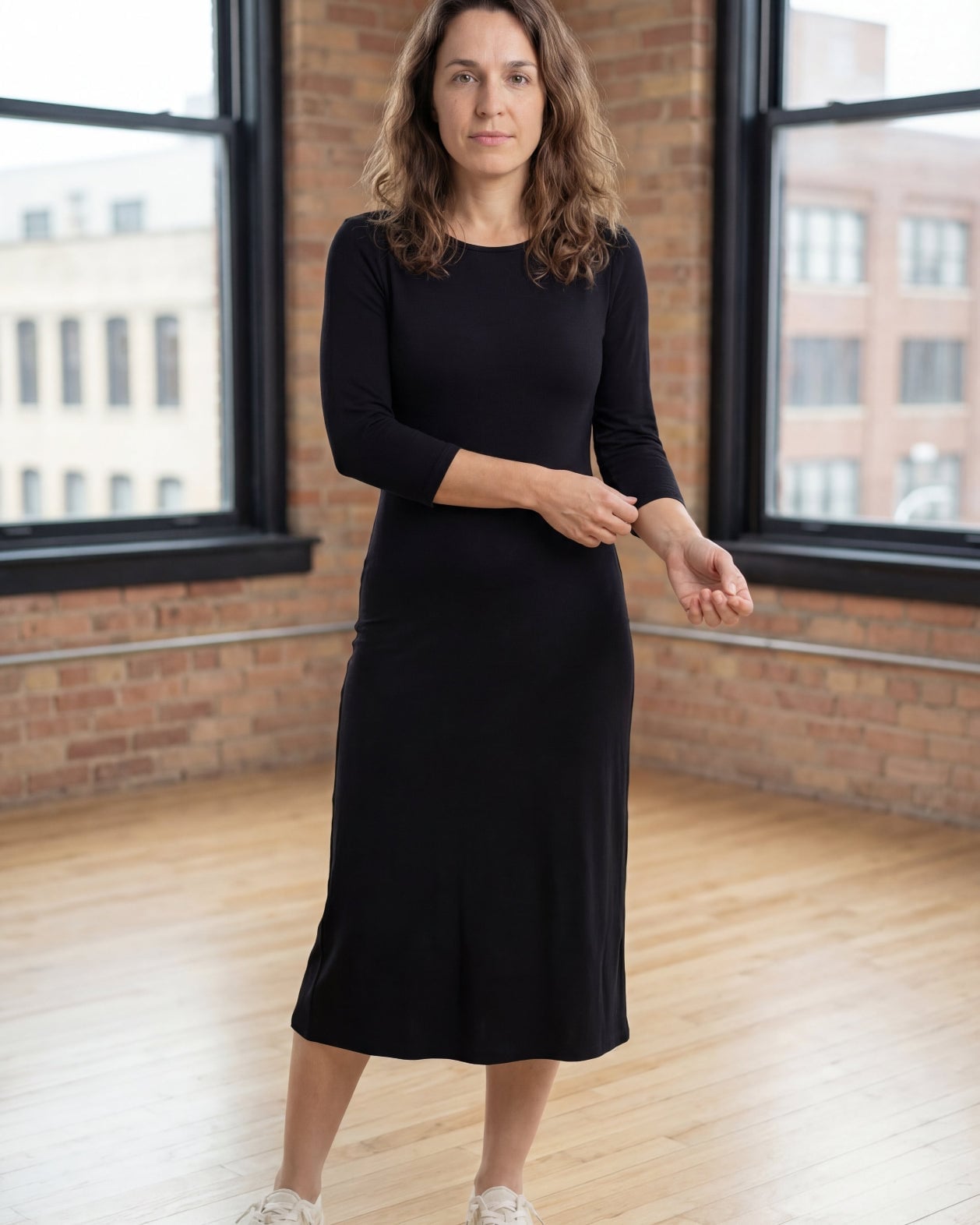 Black jersey knit fitted midi dress, White Sneakers — Simple Dresses for Moms