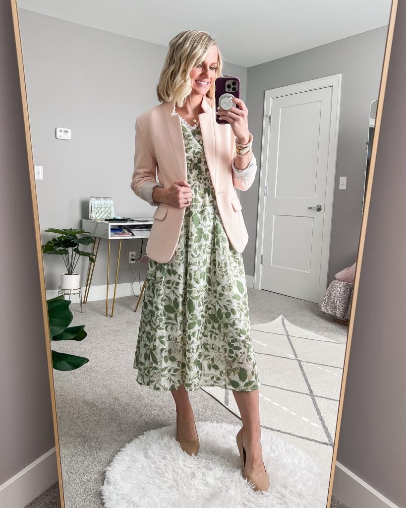 Green floral print A-line dress with pink blazer — Simple Dresses for Moms