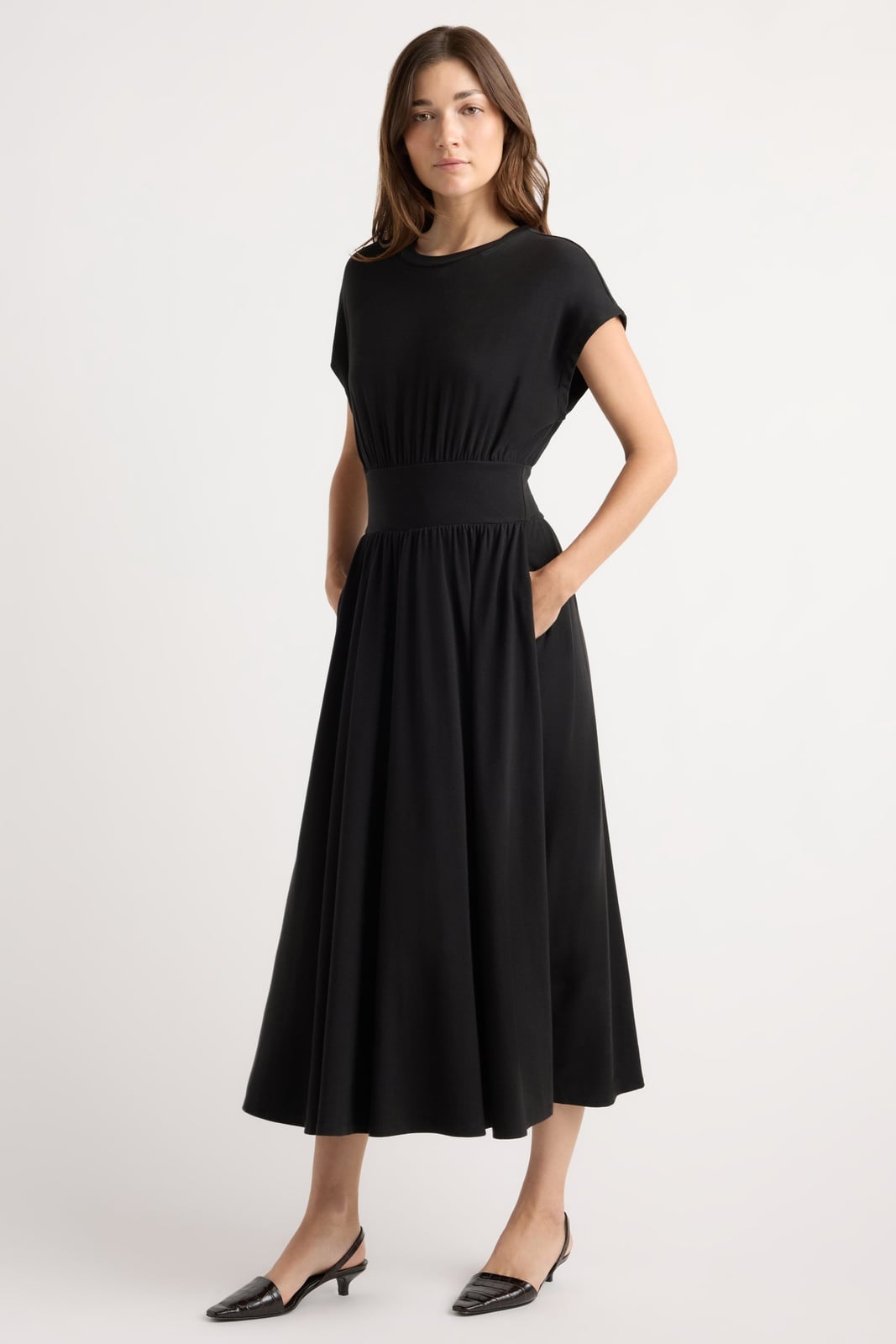 Black jersey knit fit and flare midi dress — Simple Dresses for Moms