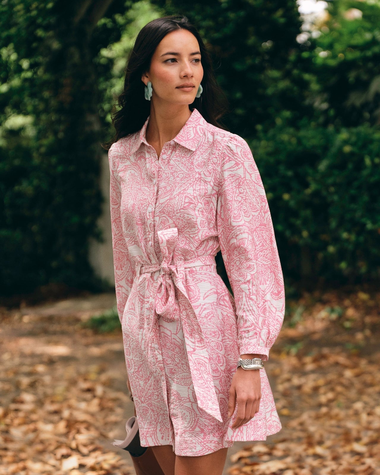 Pink paisley print belted shirt dress — Simple Dresses for Moms