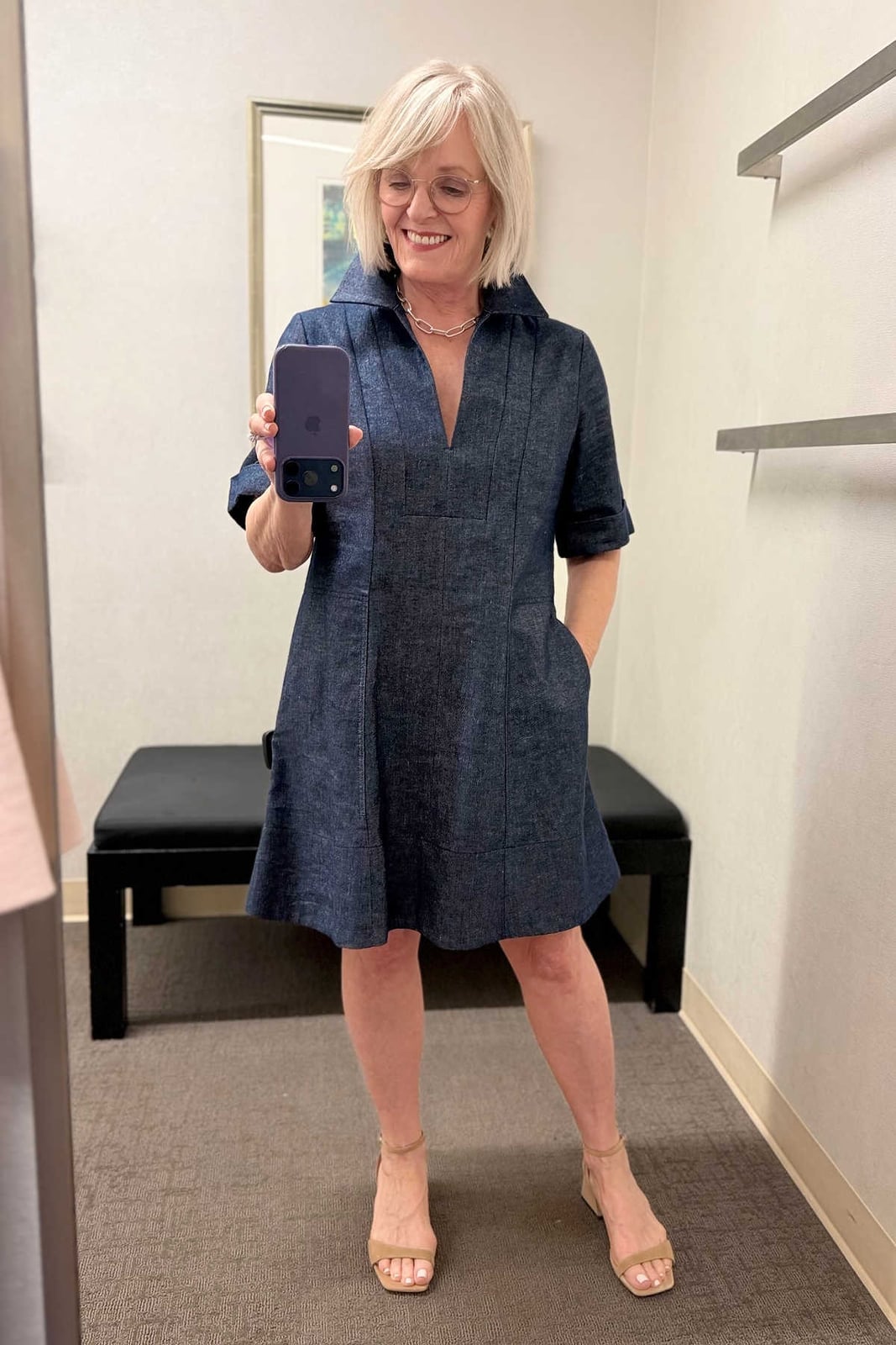 Dark blue denim collared short sleeve dress — Simple Dresses for Moms