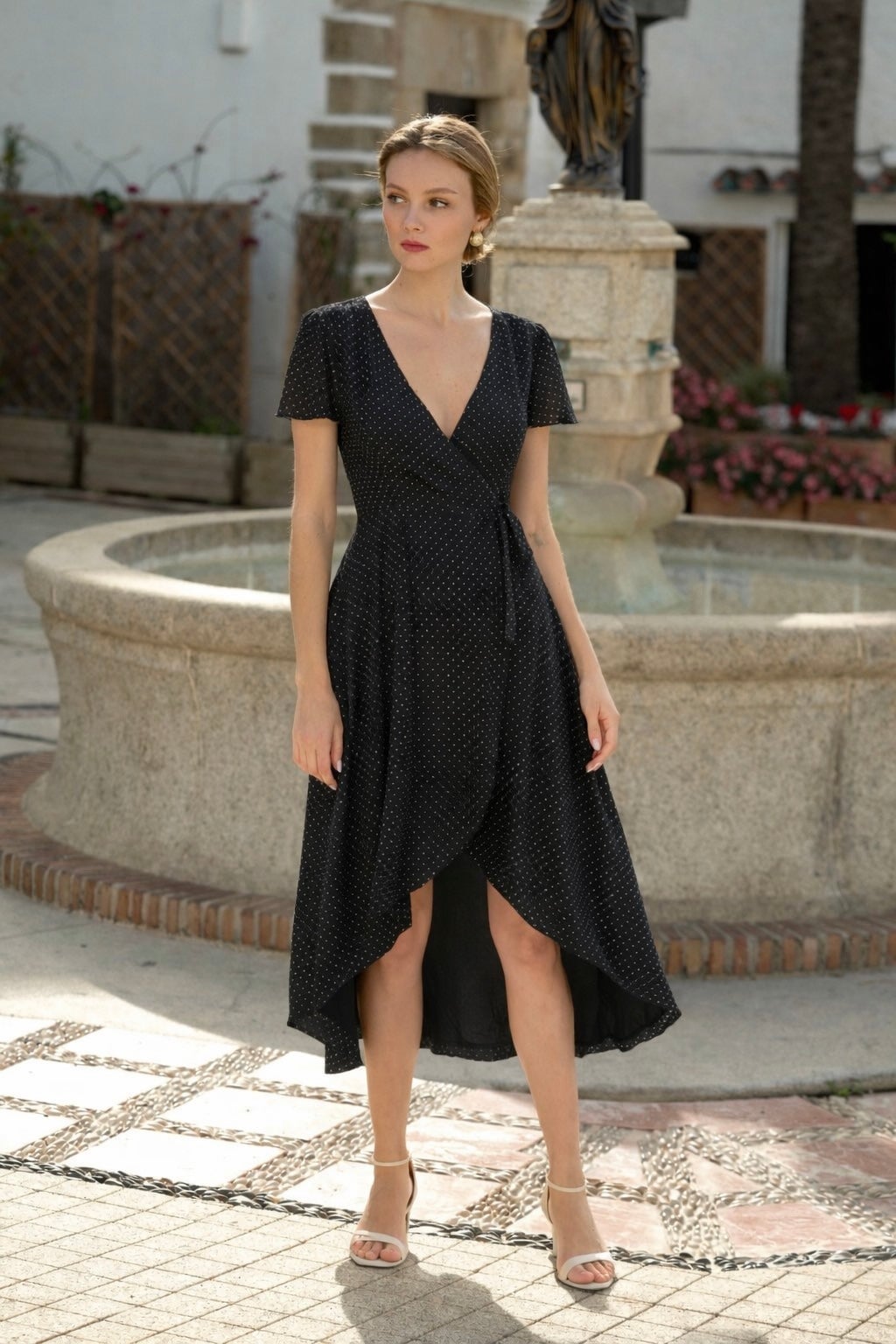 Black polka dot wrap high-low hem dress — Simple Dresses for Moms