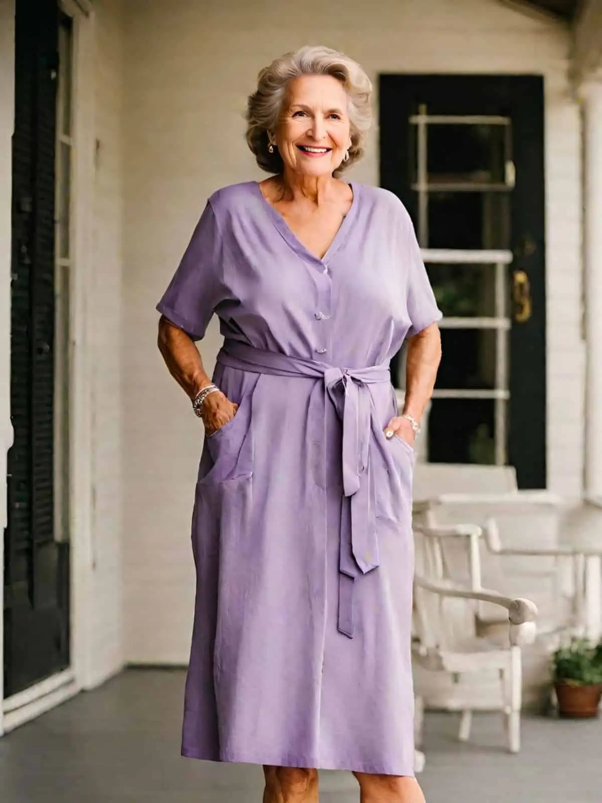 Purple button-front tie waist midi dress — Simple Dresses for Moms