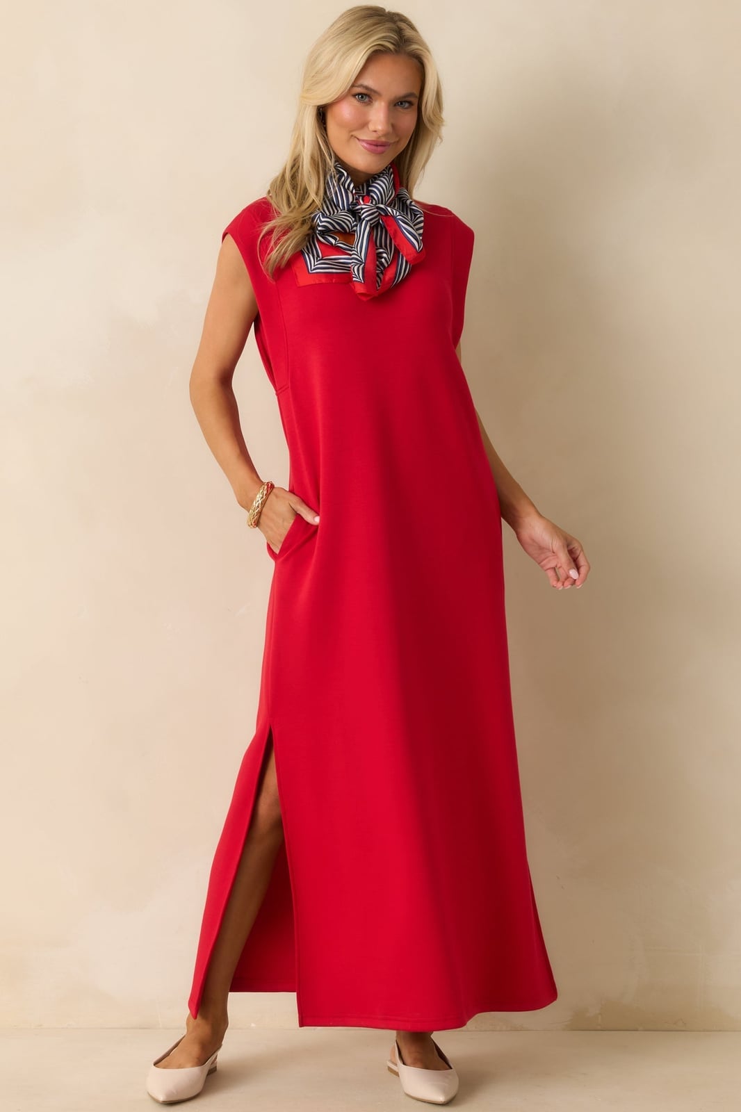 Red sleeveless shift dress with neck scarf — Simple Dresses for Moms