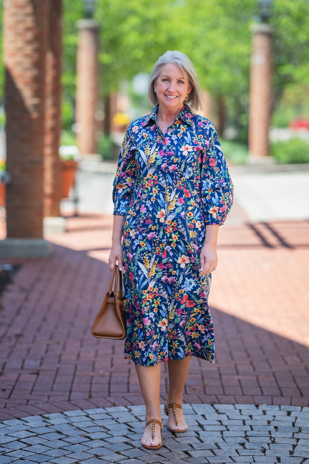 Navy multicolor floral print midi shirt dress — Simple Dresses for Moms