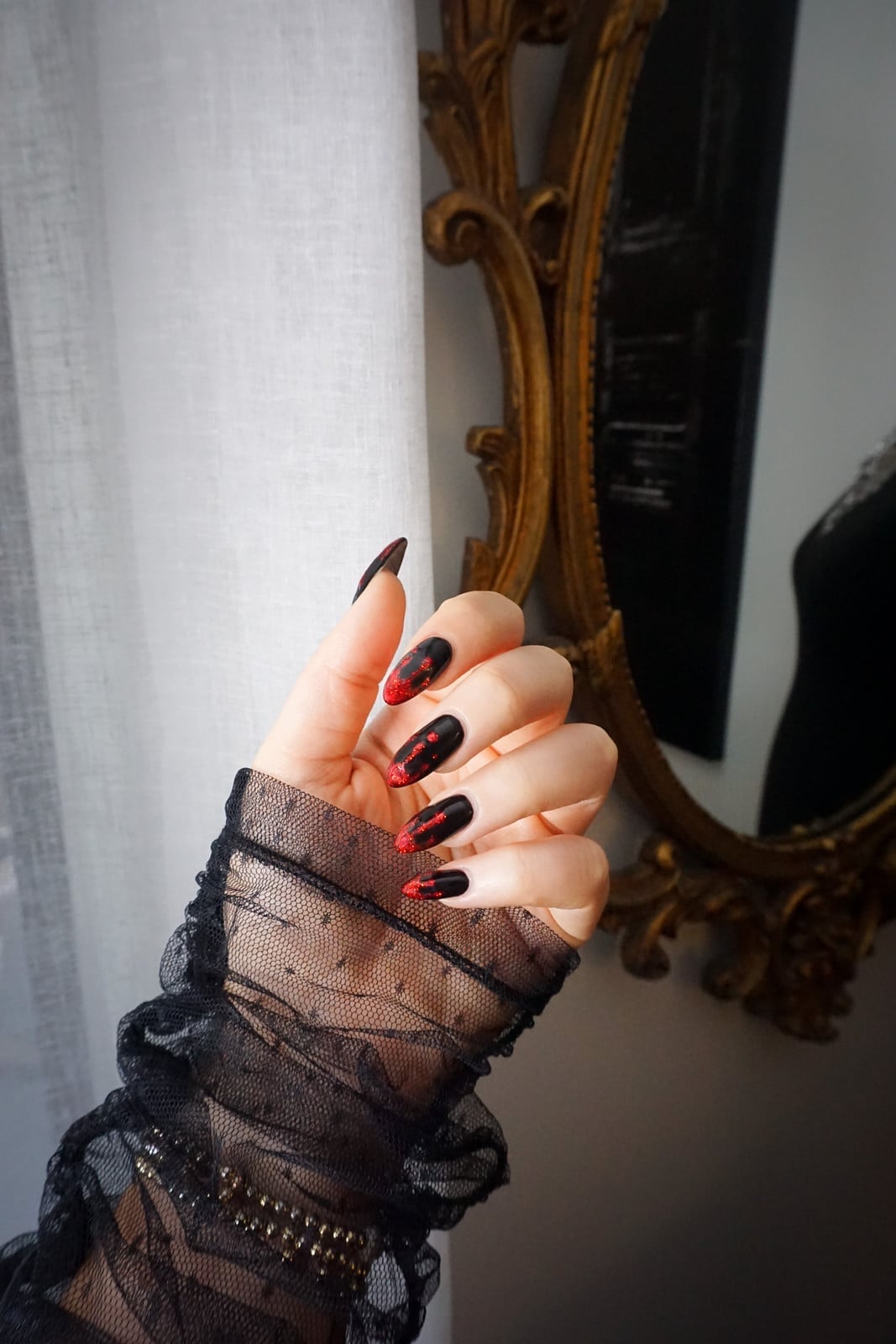 Long Almond Black with Red Blood Drip — Simple Drip Nails