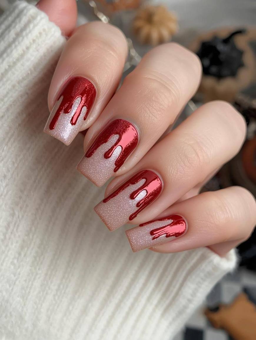 Short Square Nude Shimmer with Red Drip — Simple Drip Nails