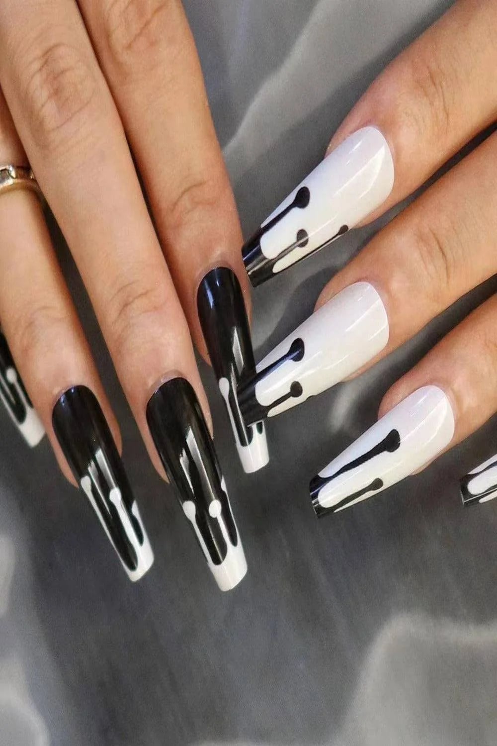 Long Coffin Black and White Drip Nails — Simple Drip Nails