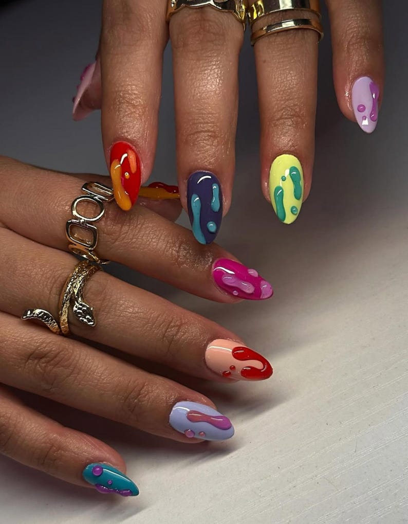 Medium Almond Multicolor Pastel Drip — Simple Drip Nails